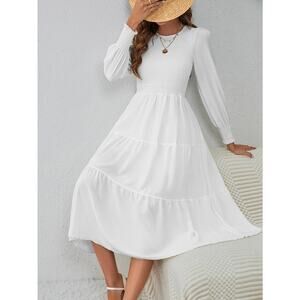 ALLANDWELL White Long Sleeve Smocked Round Neck Tiered Midi Dress Small